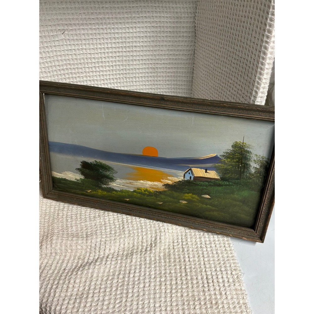 Vintage Unisex Unbranded Sunset Coastal Cottage Oil Painting 20x11 Multi-Color